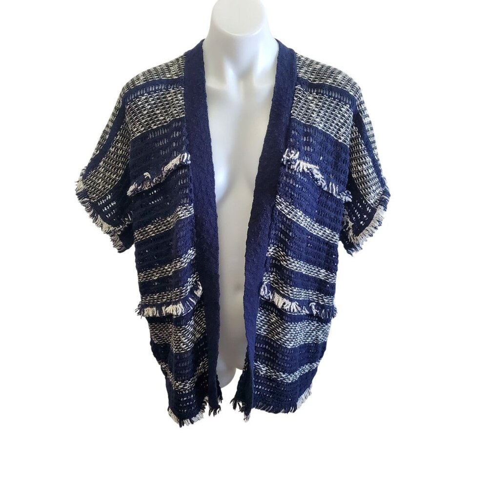 Lucky Brand Blue White Open Front Short Sleeve Boho Fringe Poncho Cardigan XS/S